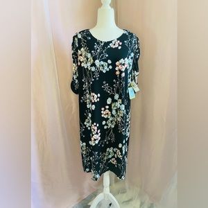 NWT CECE Scoop Neck Café‎ Dress Floral Ruched Smock Midi 1/2 Sleeve A-Line BB101